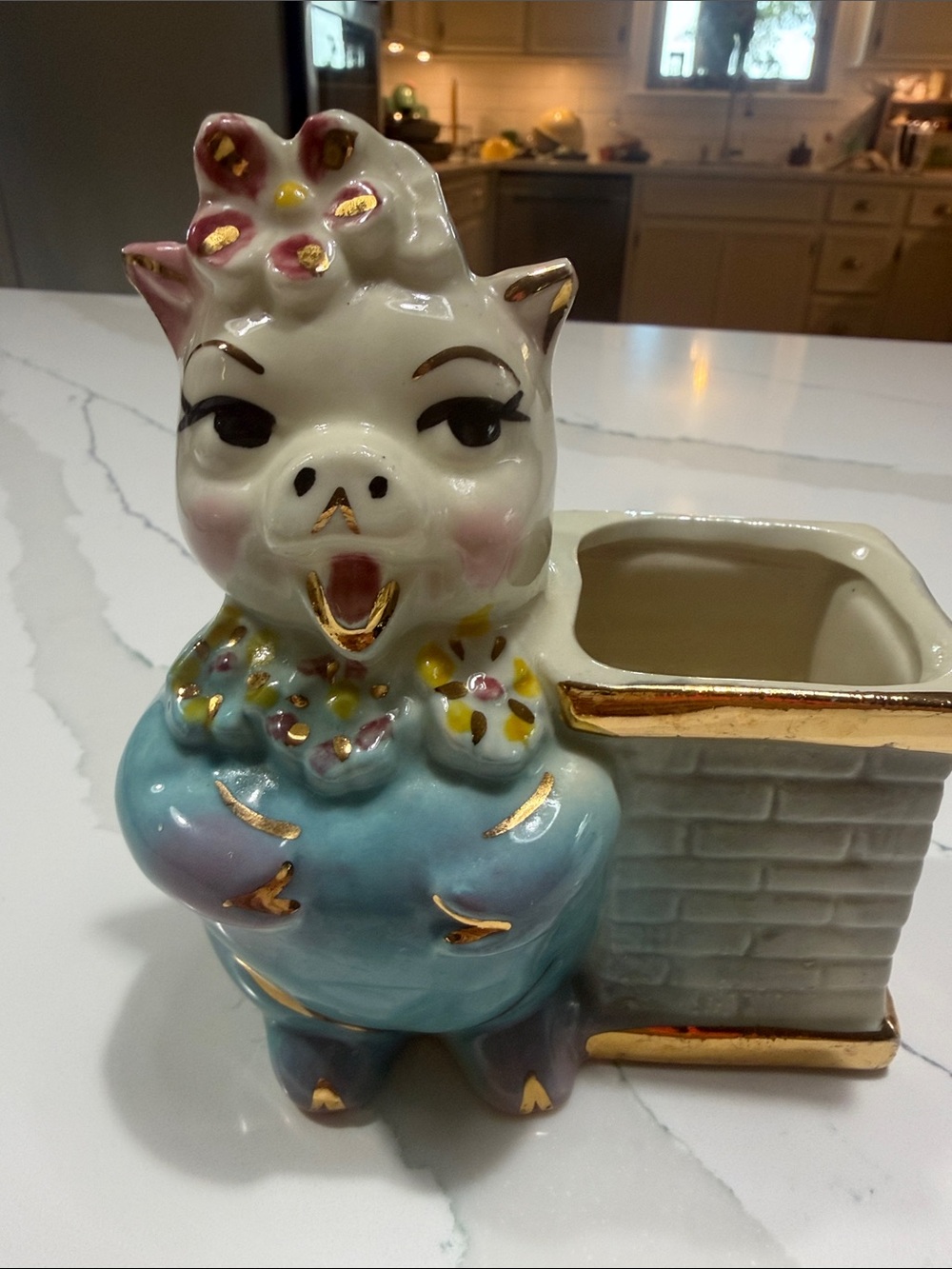 Vintage Ceramic Pig Planter with Gold Accents - Turquoise Blue & White